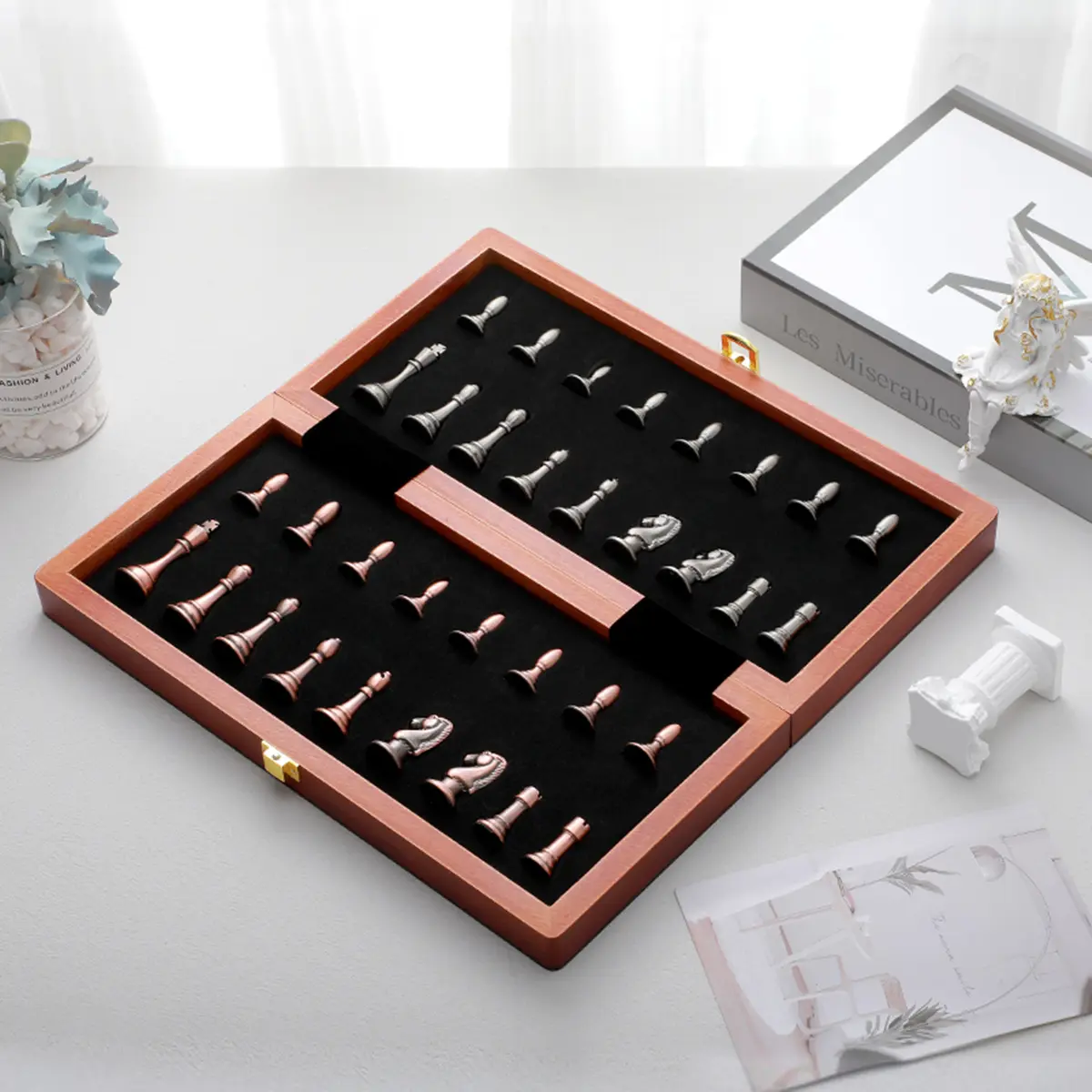 Zinc Alloy Antique Bronze Metal Chess Pieces 29cm/11.42 Inch High-Quality Solid Wood Foldable Board Game Entertainment