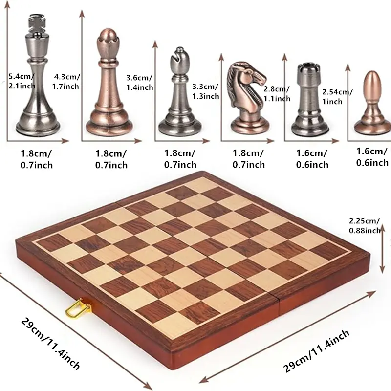 International Chess Zinc Alloy Metal Chess Pieces 29cm/11.42-inch High Quality Solid Wood Foldable Board Game Entertainment