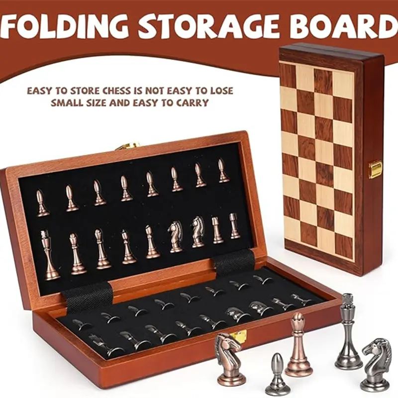 International Chess Zinc Alloy Metal Chess Pieces 29cm/11.42-inch High Quality Solid Wood Foldable Board Game Entertainment