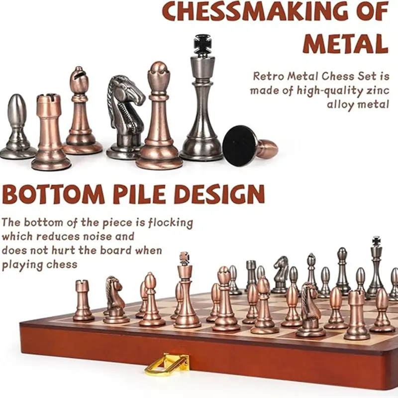 International Chess Zinc Alloy Metal Chess Pieces 29cm/11.42-inch High Quality Solid Wood Foldable Board Game Entertainment