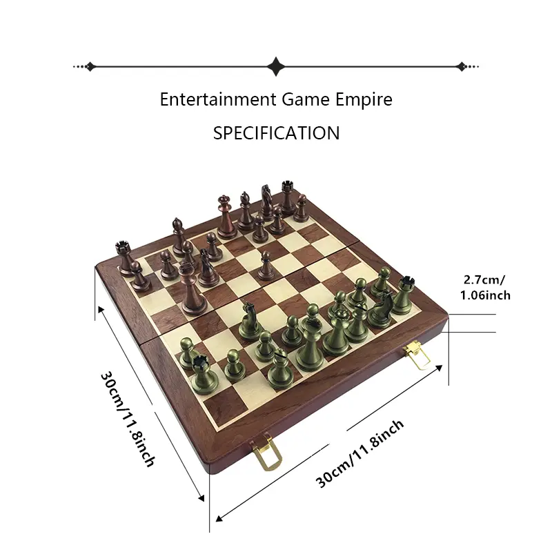 30cm/11.8inch High End Chess Set Antique Bronze Foldable Solid Wood Box Alloy Weighted Chess Pieces Christmas Holiday Gift