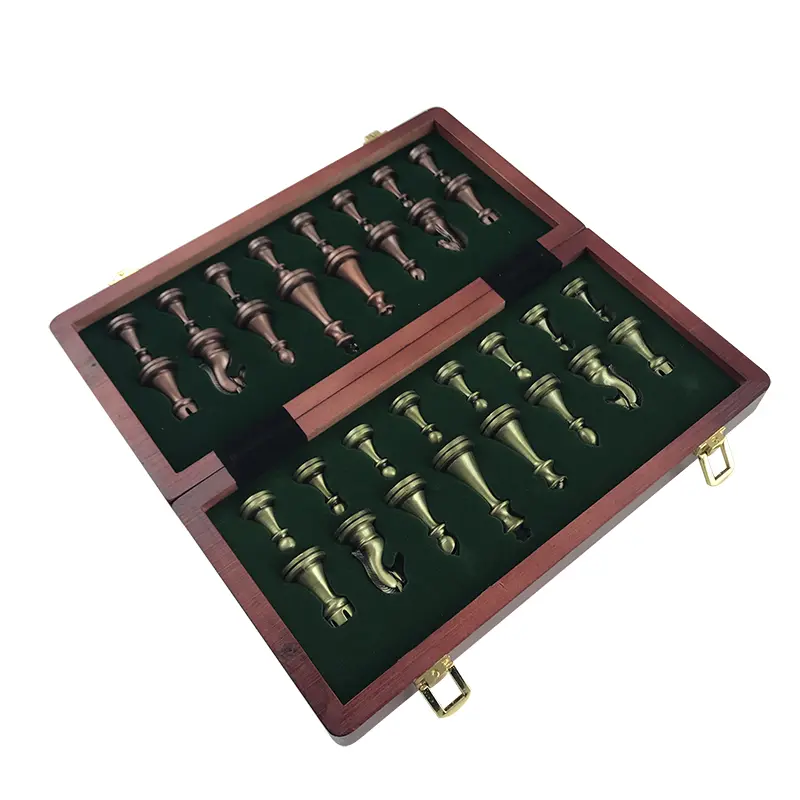30cm/11.8inch High End Chess Set Antique Bronze Foldable Solid Wood Box Alloy Weighted Chess Pieces Christmas Holiday Gift