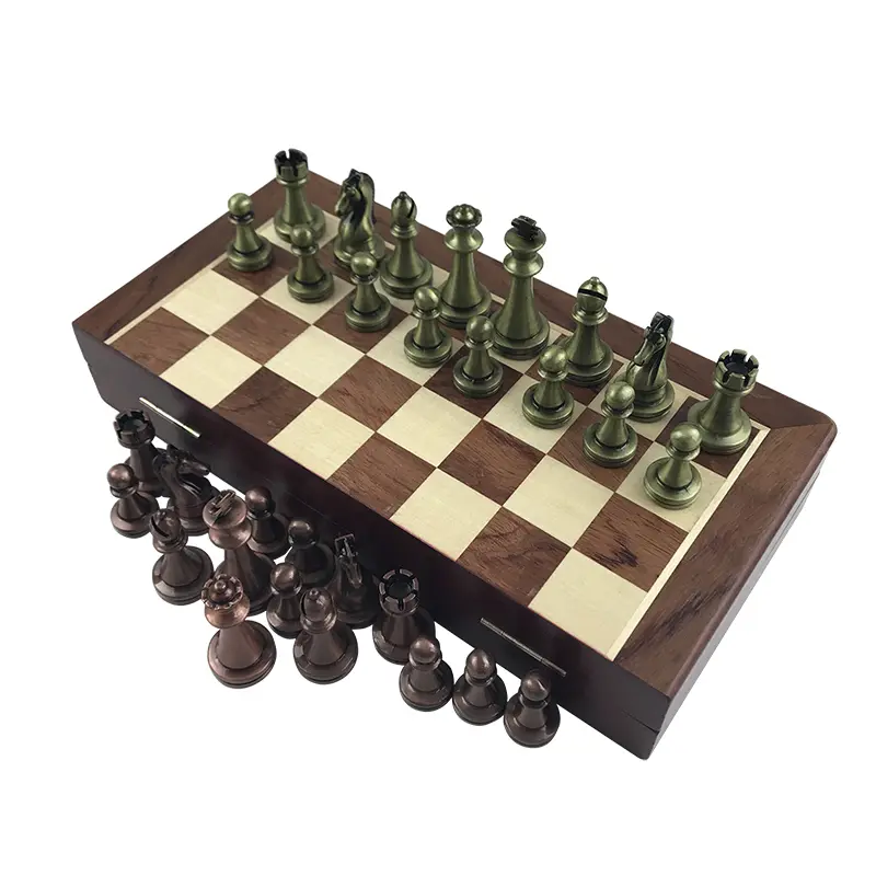 30cm/11.8inch High End Chess Set Antique Bronze Foldable Solid Wood Box Alloy Weighted Chess Pieces Christmas Holiday Gift