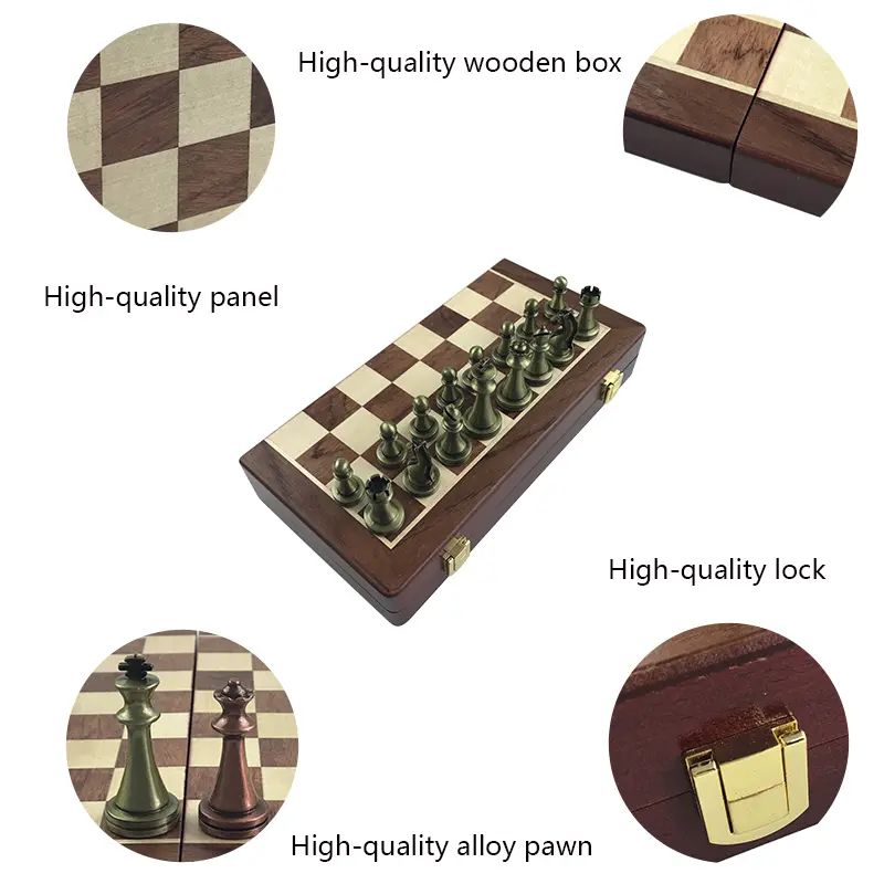 30cm/11.8inch High End Chess Set Antique Bronze Foldable Solid Wood Box Alloy Weighted Chess Pieces Christmas Holiday Gift