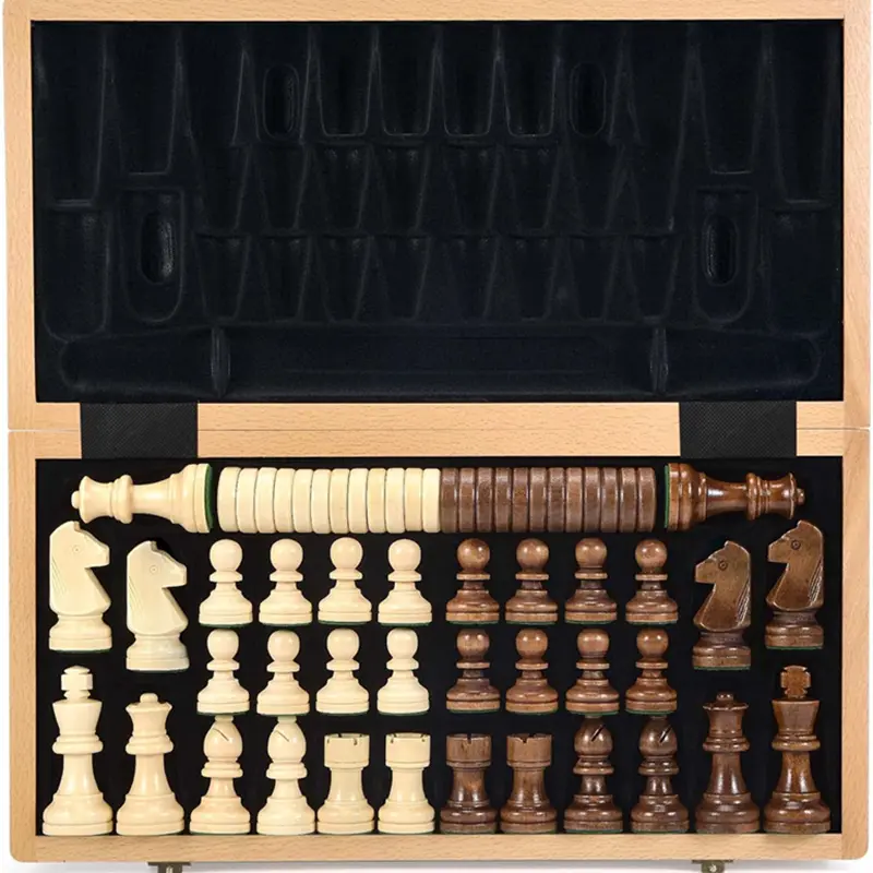 Large size 39.5cm/15.6inch wooden chess and checkers with weighted pieces -2 extra queens -24 checkers pieces 2-in-1 board game