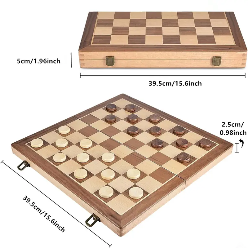 Large size 39.5cm/15.6inch wooden chess and checkers with weighted pieces -2 extra queens -24 checkers pieces 2-in-1 board game