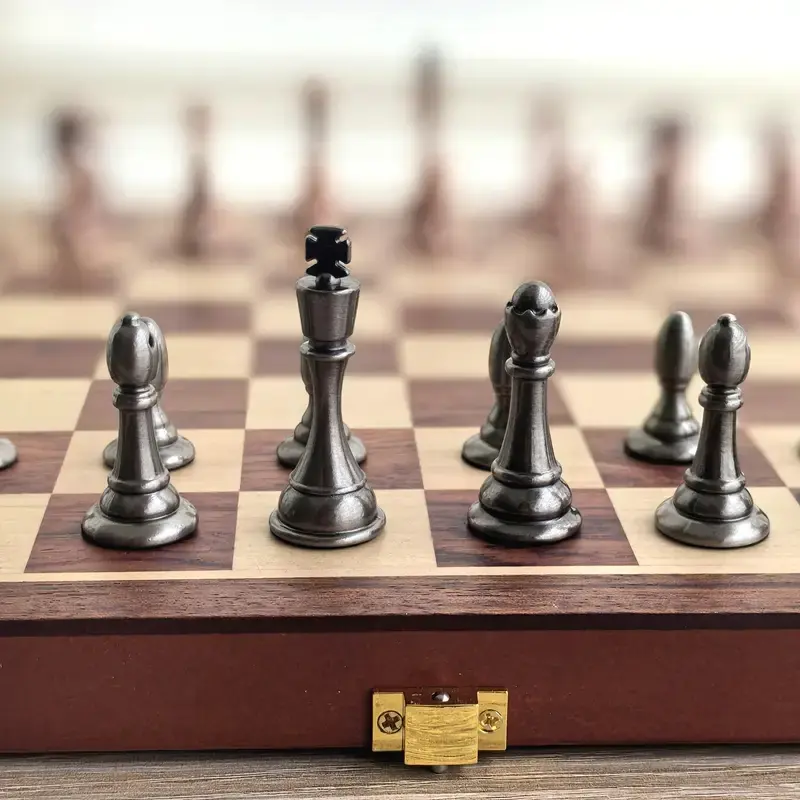 Zinc Alloy Bronze Bronze Metal Chess Pieces 29*29cm/11.42*11.42inch High Quality Set Solid Wood Foldable Board Game