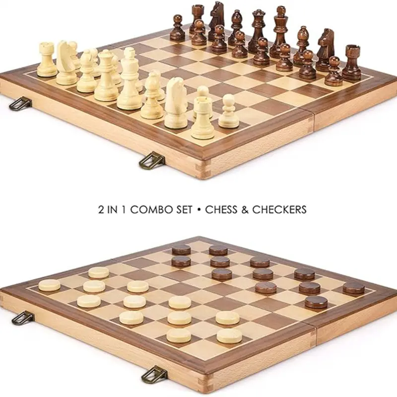 Large size 39.5cm/15.6inch wooden chess and checkers with weighted pieces -2 extra queens -24 checkers pieces 2-in-1 board game