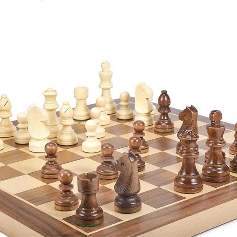 Large size 39.5cm/15.6inch wooden chess and checkers with weighted pieces -2 extra queens -24 checkers pieces 2-in-1 board game