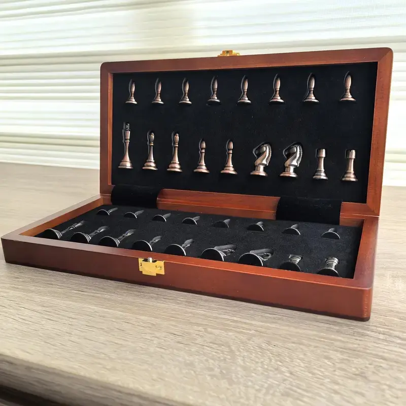 Zinc Alloy Bronze Bronze Metal Chess Pieces 29*29cm/11.42*11.42inch High Quality Set Solid Wood Foldable Board Game