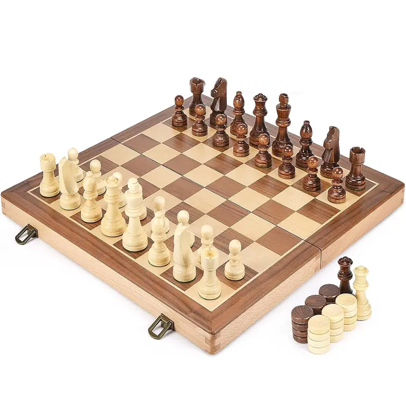 Large size 39.5cm/15.6inch wooden chess and checkers with weighted pieces -2 extra queens -24 checkers pieces 2-in-1 board game
