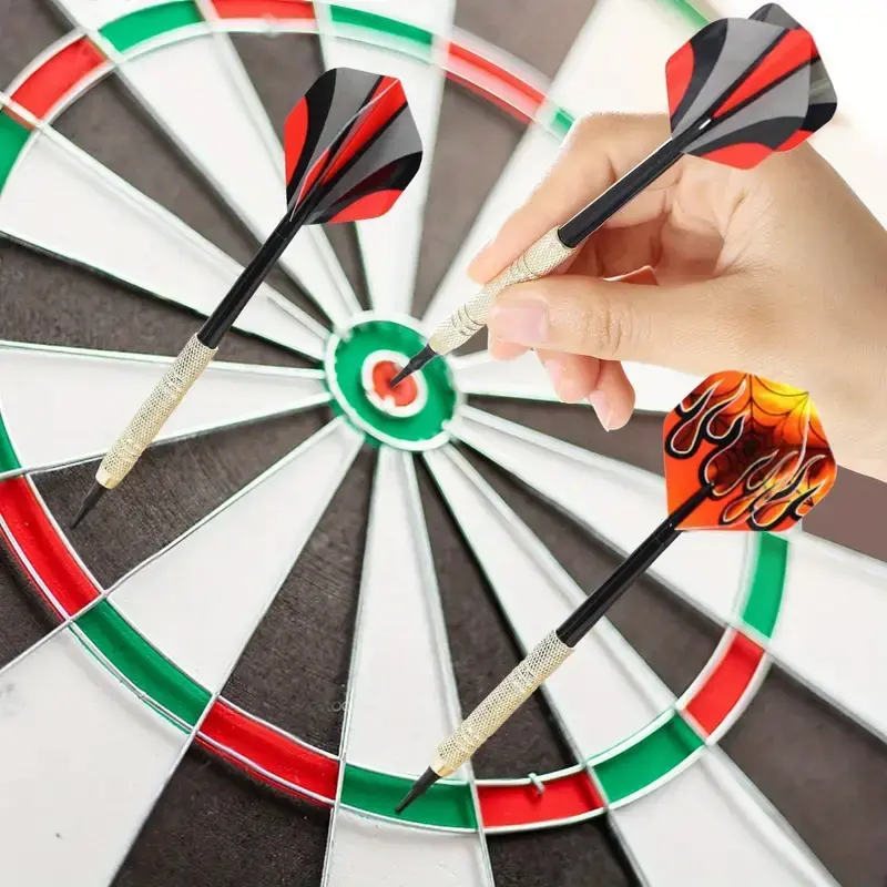1 set of 12 soft-pointed darts, including 24 replaceable flame dart wings and 100 additional pointed iron and copper darts