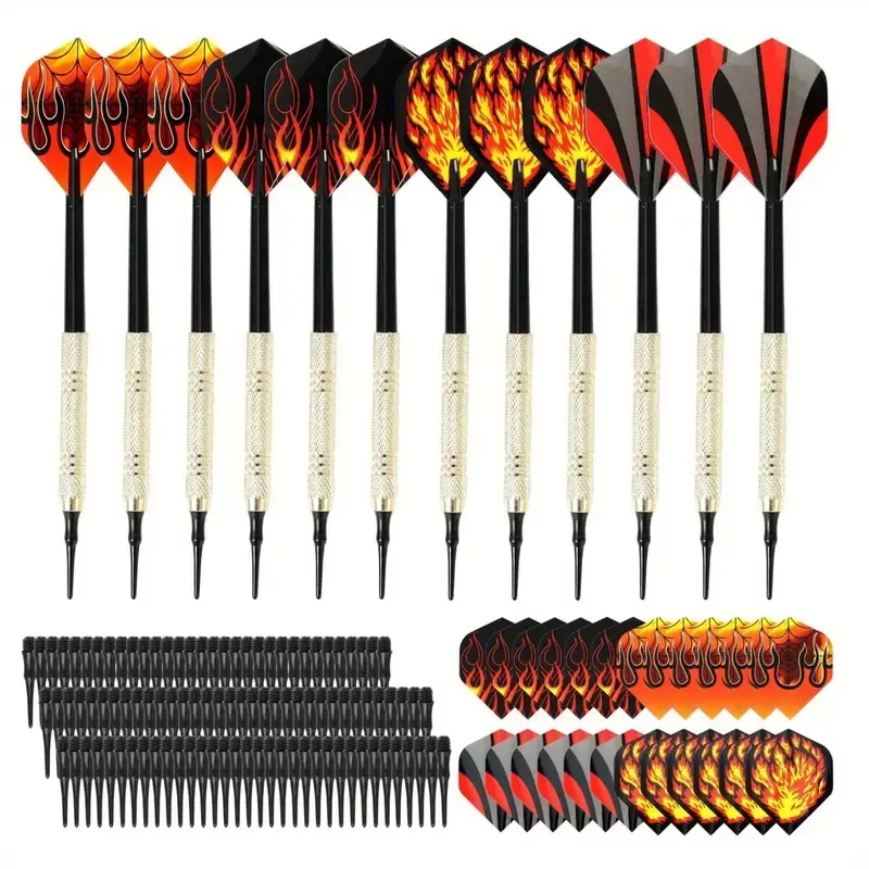 1 set of 12 soft-pointed darts, including 24 replaceable flame dart wings and 100 additional pointed iron and copper darts