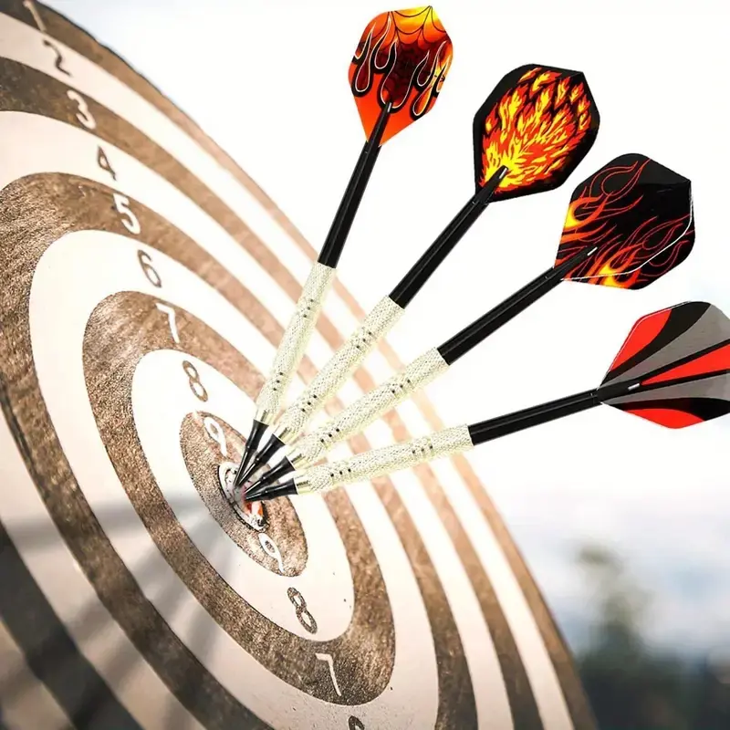 1 set of 12 soft-pointed darts, including 24 replaceable flame dart wings and 100 additional pointed iron and copper darts