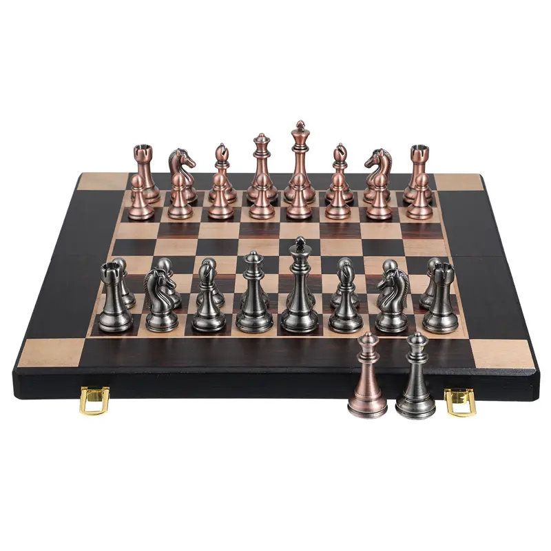 High-end metal chess pieces, wooden chessboard, 38cm/15inch, large foldable classic game collection for chess enthusiasts