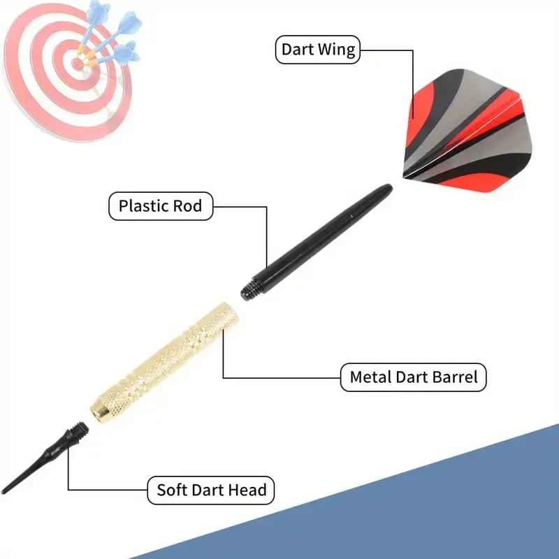 1 set of 12 soft-pointed darts, including 24 replaceable flame dart wings and 100 additional pointed iron and copper darts