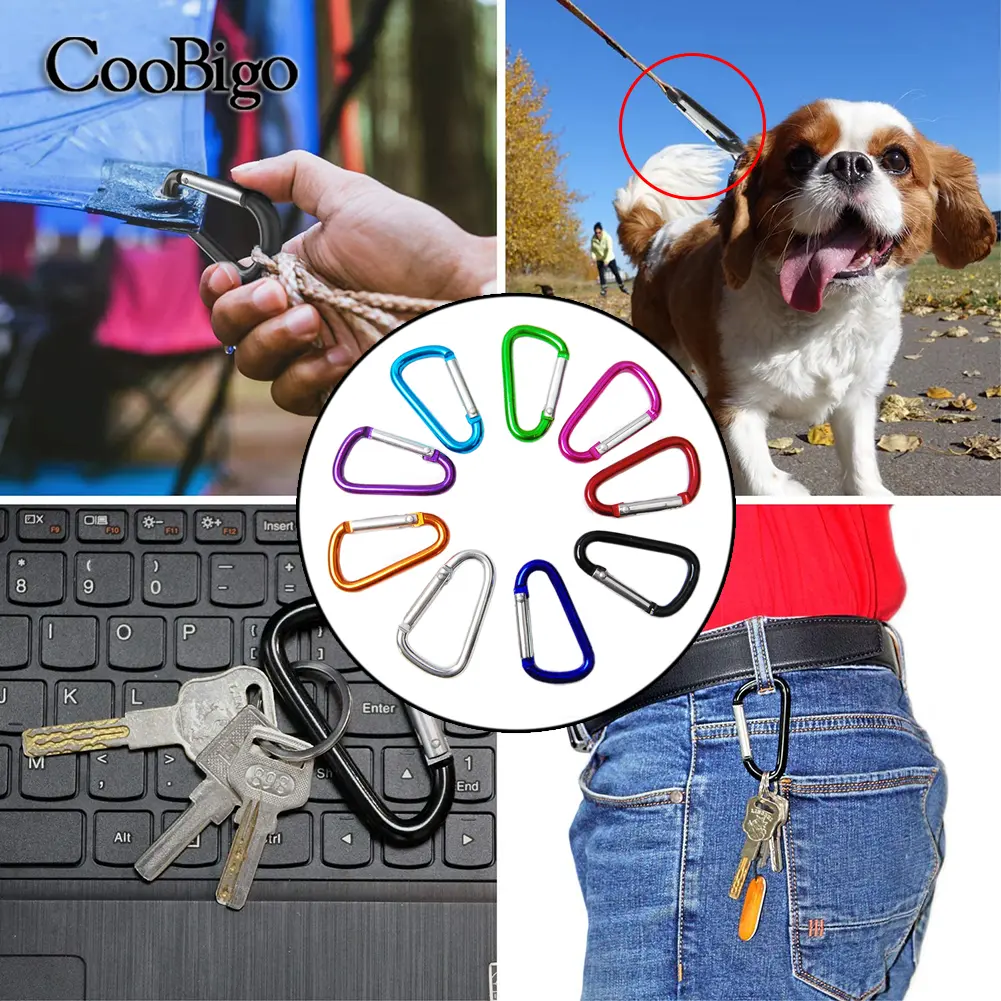 10pcs Carabiner Buckle Aluminum Locking Spring Hook Keychain Snap Clips D Ring for Key Outdoor Camping Backpack Bottle Tent Rope