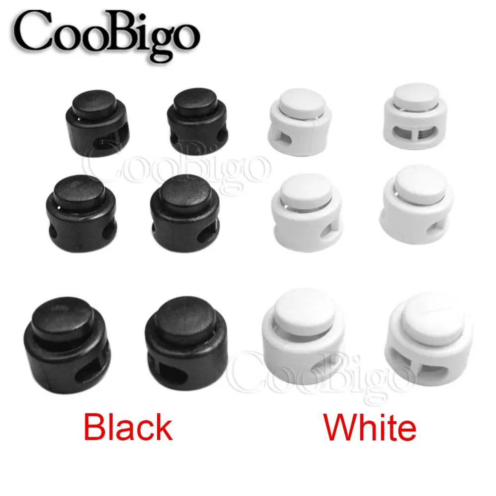 100pcs Plastic Black & White Cord Lock Clamp 2 hole Toggle Clip Stopper 2mm Rope Paracord Garment Shoes Accessories 13.5 x 13mm