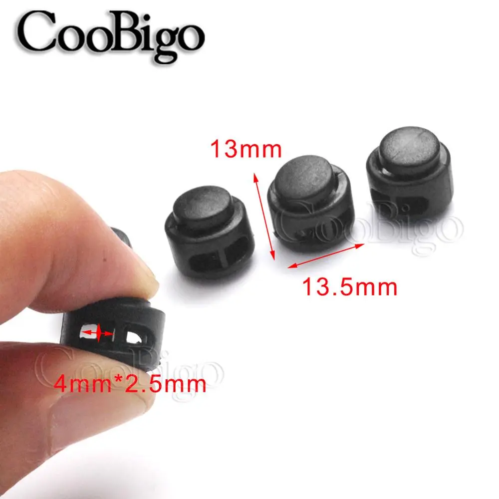 100pcs Plastic Black & White Cord Lock Clamp 2 hole Toggle Clip Stopper 2mm Rope Paracord Garment Shoes Accessories 13.5 x 13mm