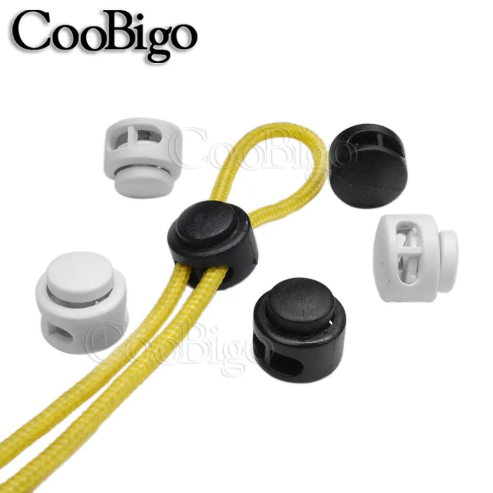 100pcs Plastic Black & White Cord Lock Clamp 2 hole Toggle Clip Stopper 2mm Rope Paracord Garment Shoes Accessories 13.5 x 13mm