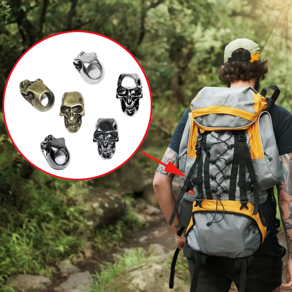 Metal Skull Beads Parachute 550 Rope Beads for Outdoor Tactical Backpack Keychain Knife Lanyard Paracord Bracelet Accessory 5pcs