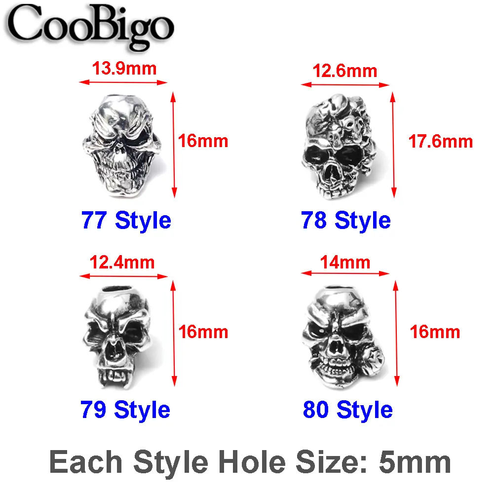 5pcs Metal Skull Bead Paracord Skeleton Beads Punk Charm Outdoor Bracelet Backpack Knife Lanyard Pendant DIY Craft Accessories