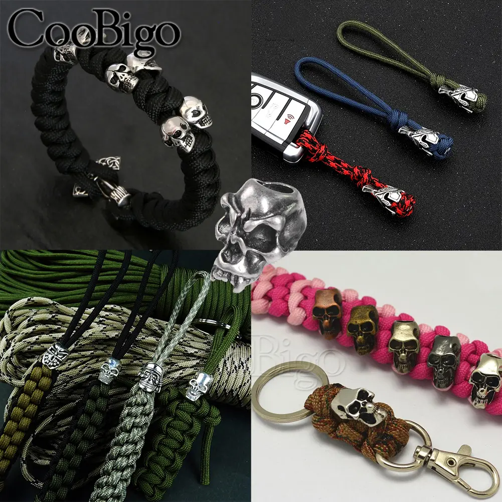 5pcs Metal Skull Bead Paracord Skeleton Beads Punk Charm Outdoor Bracelet Backpack Knife Lanyard Pendant DIY Craft Accessories