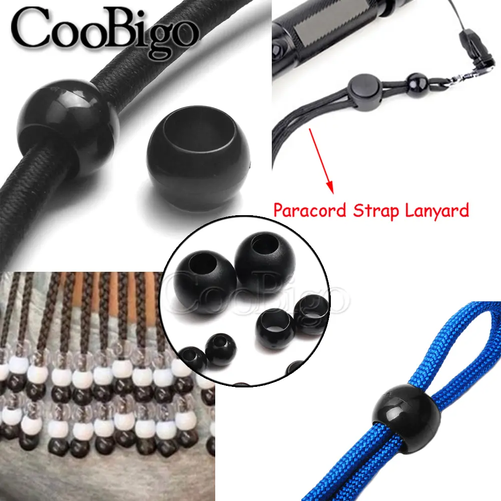 50pcs Plastic Pony Beads Spacer Cord Lock End Paracord Strap Lanyard Clasp Outdoor Camp Tent Accessory Black Large Hole Barrel