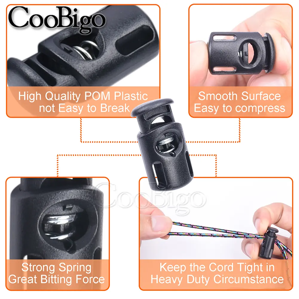 20pcs Spring Cord Lock Stopper Toggle Clip Lace Tightening Buckle for Drawstring Lanyard Paracord Rope Shoelace  Black Plastic