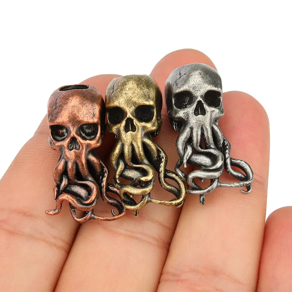 Punk Brass Knife Bead Key Ring Pendants Copper Skull Keychains Rope Beads Paracord Car Accessories