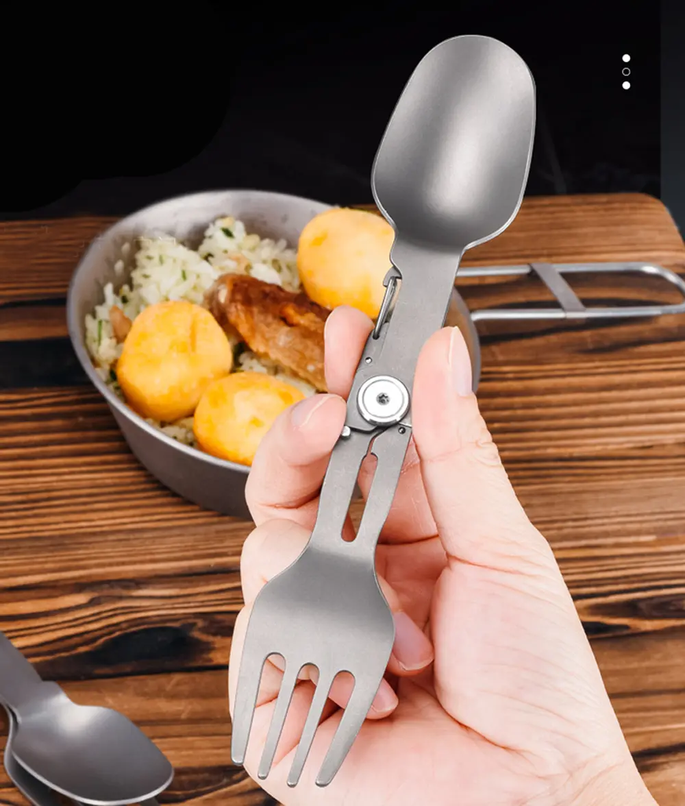 Portable Titanium Alloy 2 in 1 Folding Fork and Spoon Combo Lightweight Camping Utensil Spork for Backpacking Outdoor Tool EDC