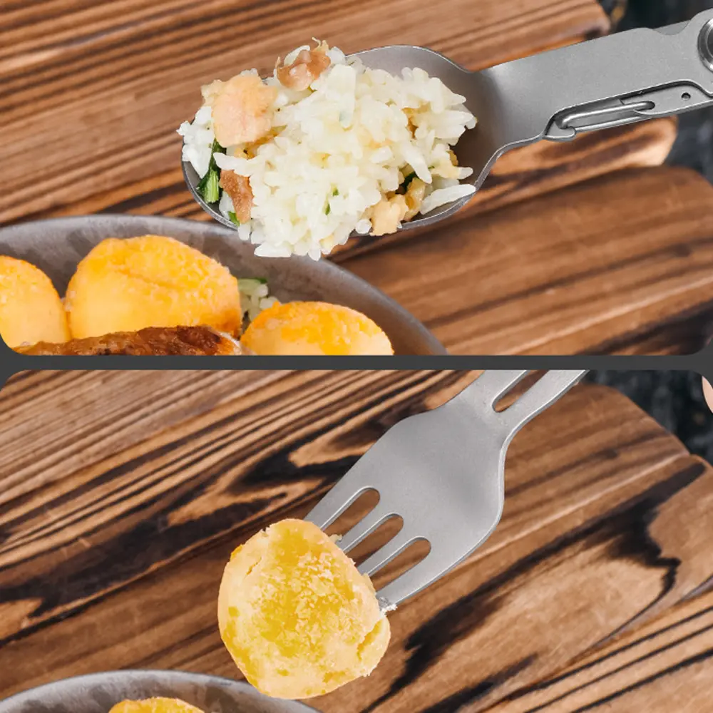 Portable Titanium Alloy 2 in 1 Folding Fork and Spoon Combo Lightweight Camping Utensil Spork for Backpacking Outdoor Tool EDC