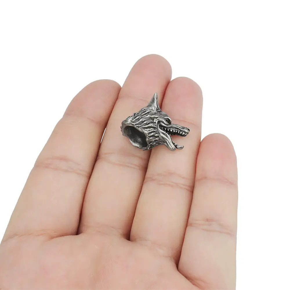 Three Eyed Wolf Head Brass Bead DIY Tools EDC Lanyard Rope Pendant Keychian Accessories