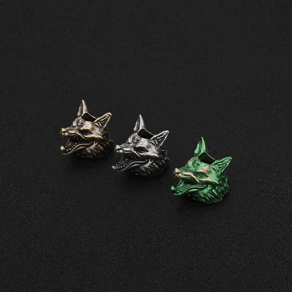 Three Eyed Wolf Head Brass Bead DIY Tools EDC Lanyard Rope Pendant Keychian Accessories