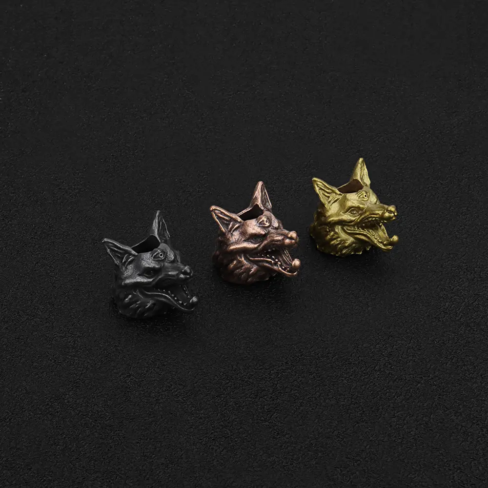Three Eyed Wolf Head Brass Bead DIY Tools EDC Lanyard Rope Pendant Keychian Accessories
