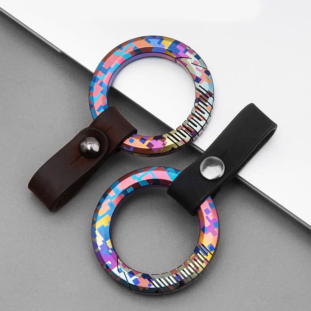 Colourful Titanium Alloy Round Keyring EDC Outdoor Tool Leather Keychain Buckle Pendant
