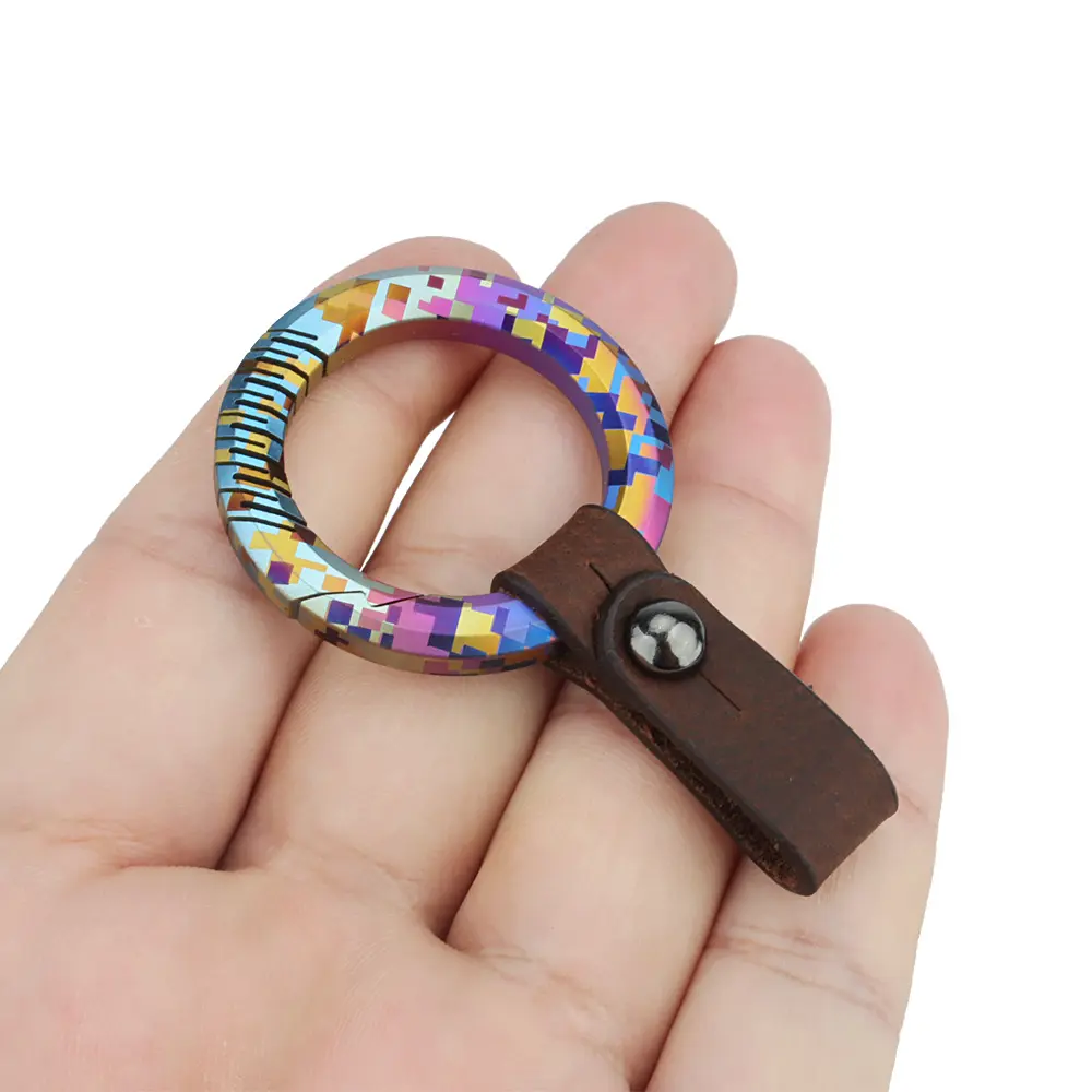 Mosaic Coloured Pattern Titanium Alloy Keyring EDC Outdoor Tool Leather Keychain Buckle