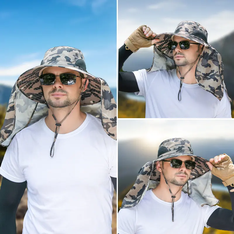 Outdoor Fishing Hat Wide Brim Man Breathable Mesh Fishing Cap Quick Dry Beach Hats Camouflage Sun UV Protection Shade Hat