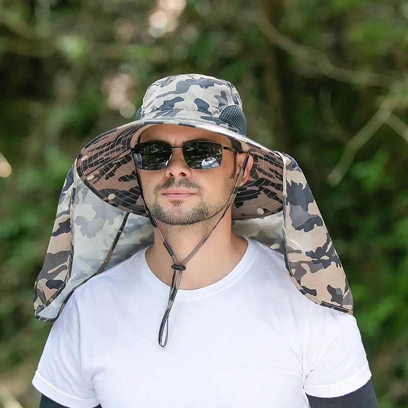 Outdoor Fishing Hat Wide Brim Man Breathable Mesh Fishing Cap Quick Dry Beach Hats Camouflage Sun UV Protection Shade Hat