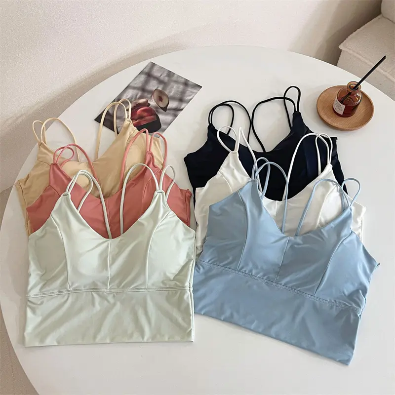 Women Crop Tops Sexy Solid Color Camisole Ice Silk Tube Top Seamless Sports Tank Top Wireless Underwear Padded Bra Bralette Vest