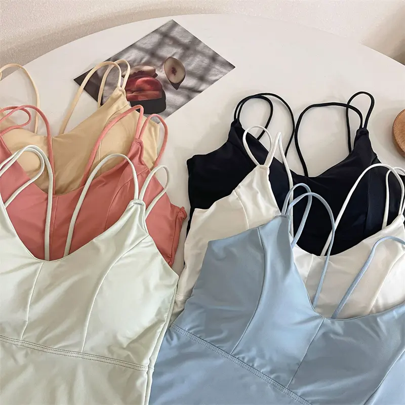 Women Crop Tops Sexy Solid Color Camisole Ice Silk Tube Top Seamless Sports Tank Top Wireless Underwear Padded Bra Bralette Vest