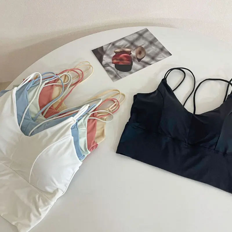 Women Crop Tops Sexy Solid Color Camisole Ice Silk Tube Top Seamless Sports Tank Top Wireless Underwear Padded Bra Bralette Vest