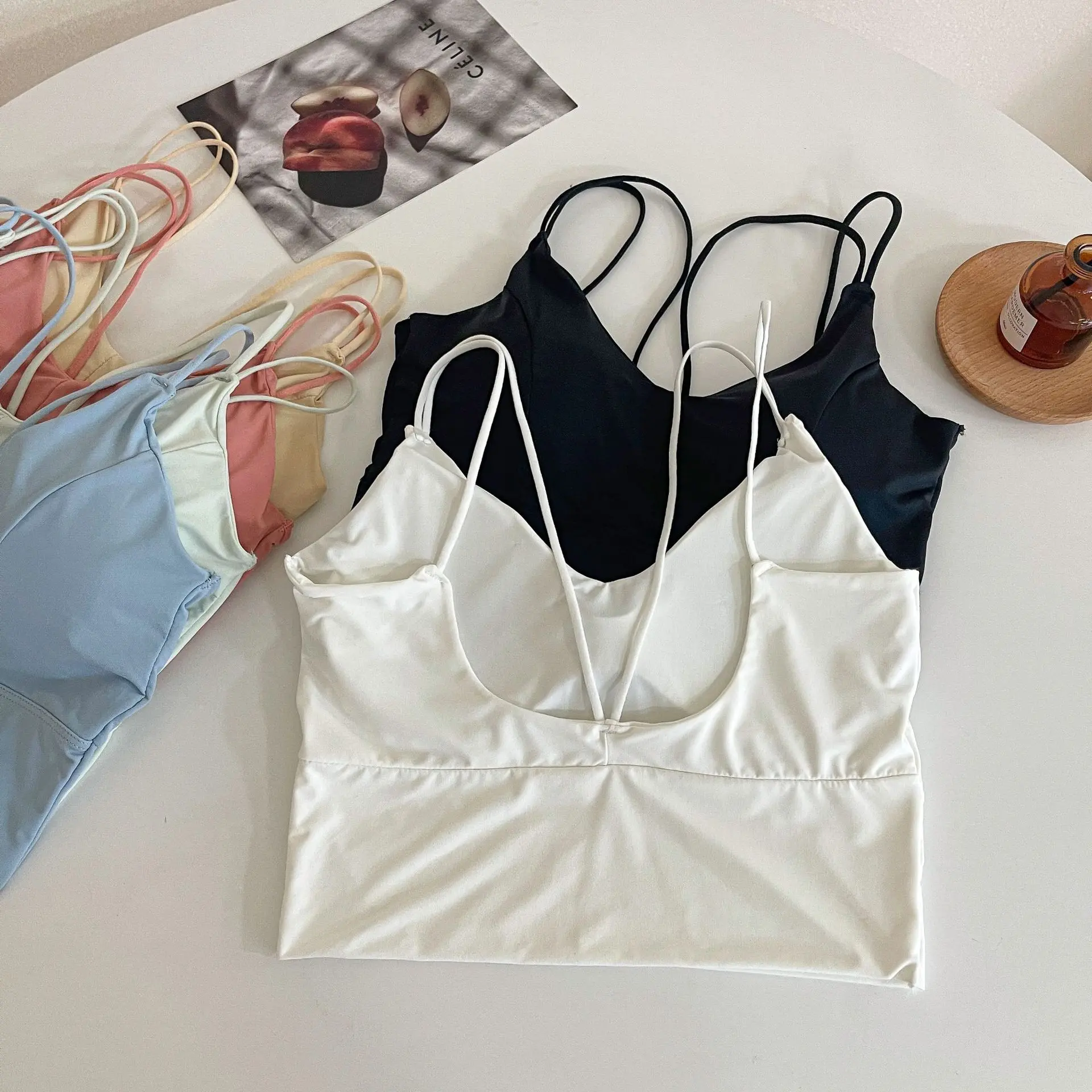 Women Crop Tops Sexy Solid Color Camisole Ice Silk Tube Top Seamless Sports Tank Top Wireless Underwear Padded Bra Bralette Vest
