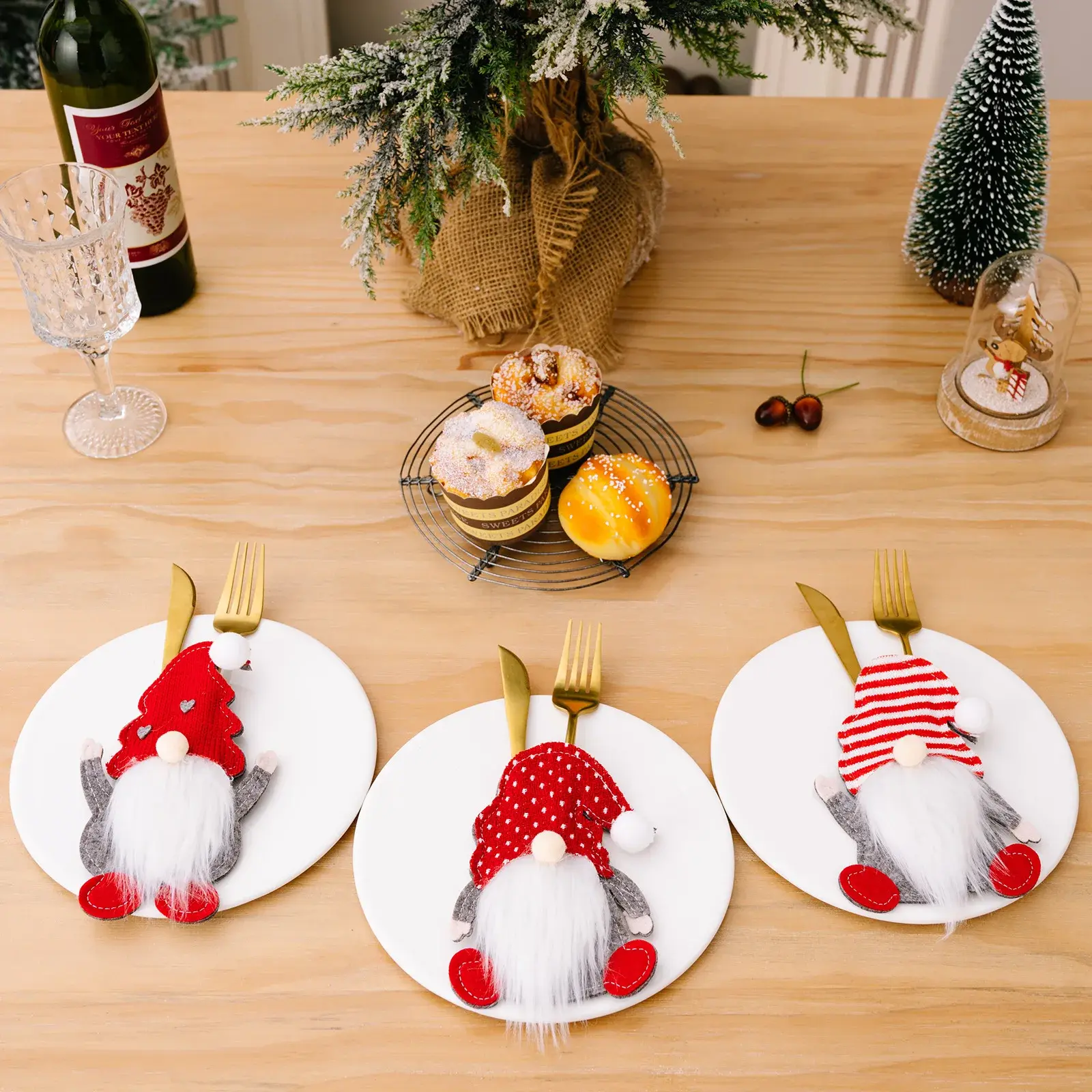 3Pcs Christmas Knife and Fork Storage Bag Christmas Tableware Set New Year Festive Table Santa Claus Cutlery Decoration Bag
