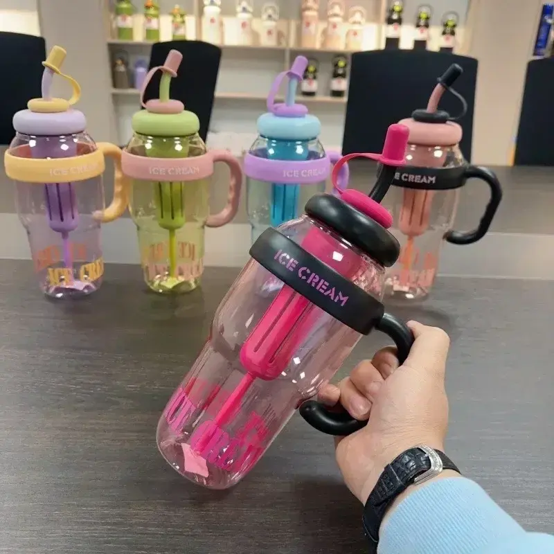 1300ML Good-looking Summer Plastic Cup Milky Tea Cup Lucky Belly Cup Cute Wind Belt Straw Water Bottle with Straw Ins HOT