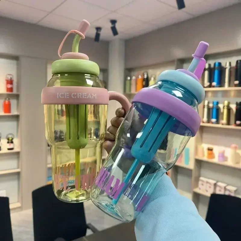 1300ML Good-looking Summer Plastic Cup Milky Tea Cup Lucky Belly Cup Cute Wind Belt Straw Water Bottle with Straw Ins HOT