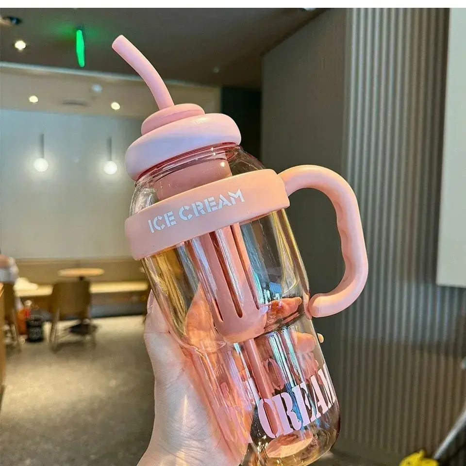1300ML Good-looking Summer Plastic Cup Milky Tea Cup Lucky Belly Cup Cute Wind Belt Straw Water Bottle with Straw Ins HOT