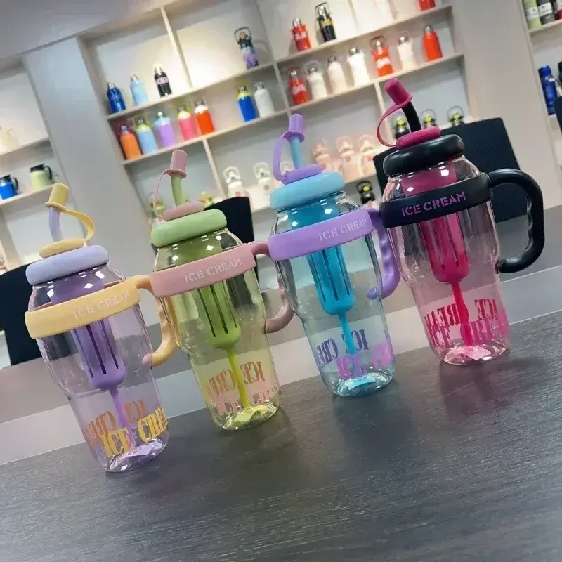 1300ML Good-looking Summer Plastic Cup Milky Tea Cup Lucky Belly Cup Cute Wind Belt Straw Water Bottle with Straw Ins HOT