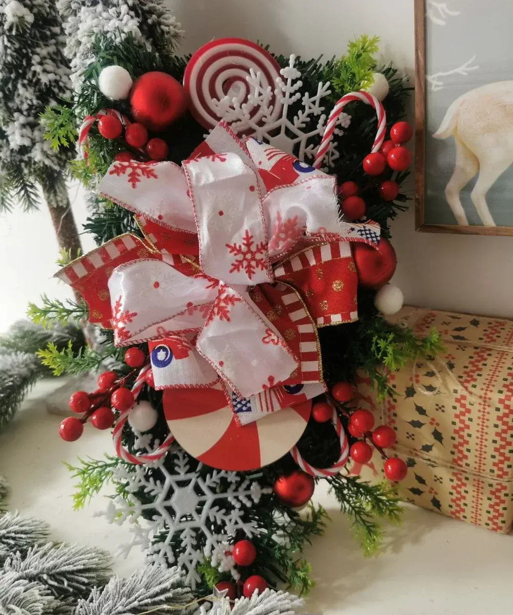 50CM Christmas Wreath Candy Upside Down Tree Garland Artificial Xmas Ornament Porch Window Door Wall Hanging Decoration