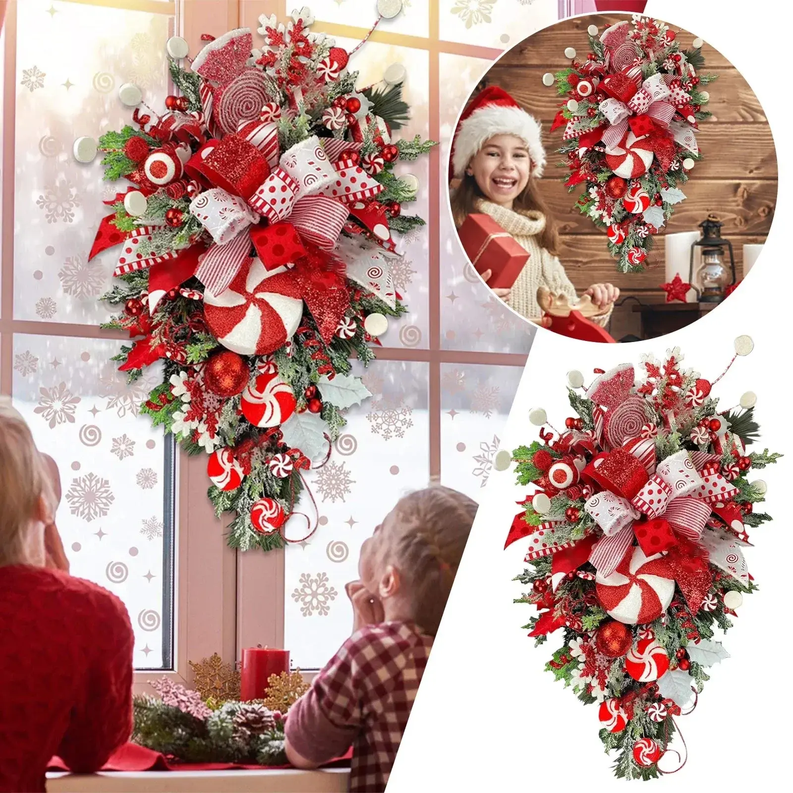 50CM Christmas Wreath Candy Upside Down Tree Garland Artificial Xmas Ornament Porch Window Door Wall Hanging Decoration